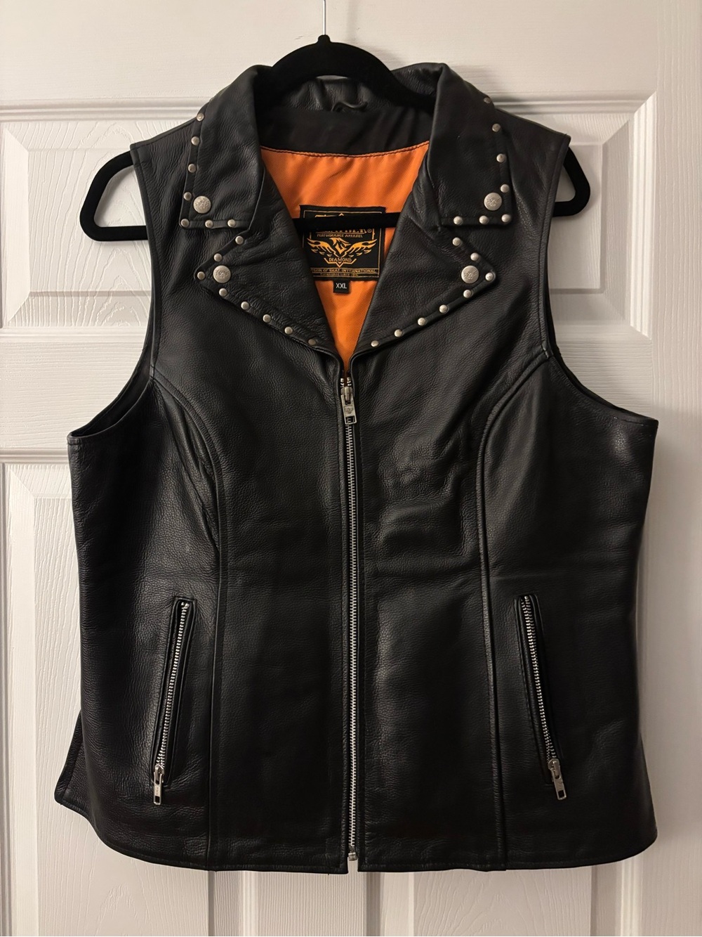Black Studded Leather Vest with Orange Lining - Women's